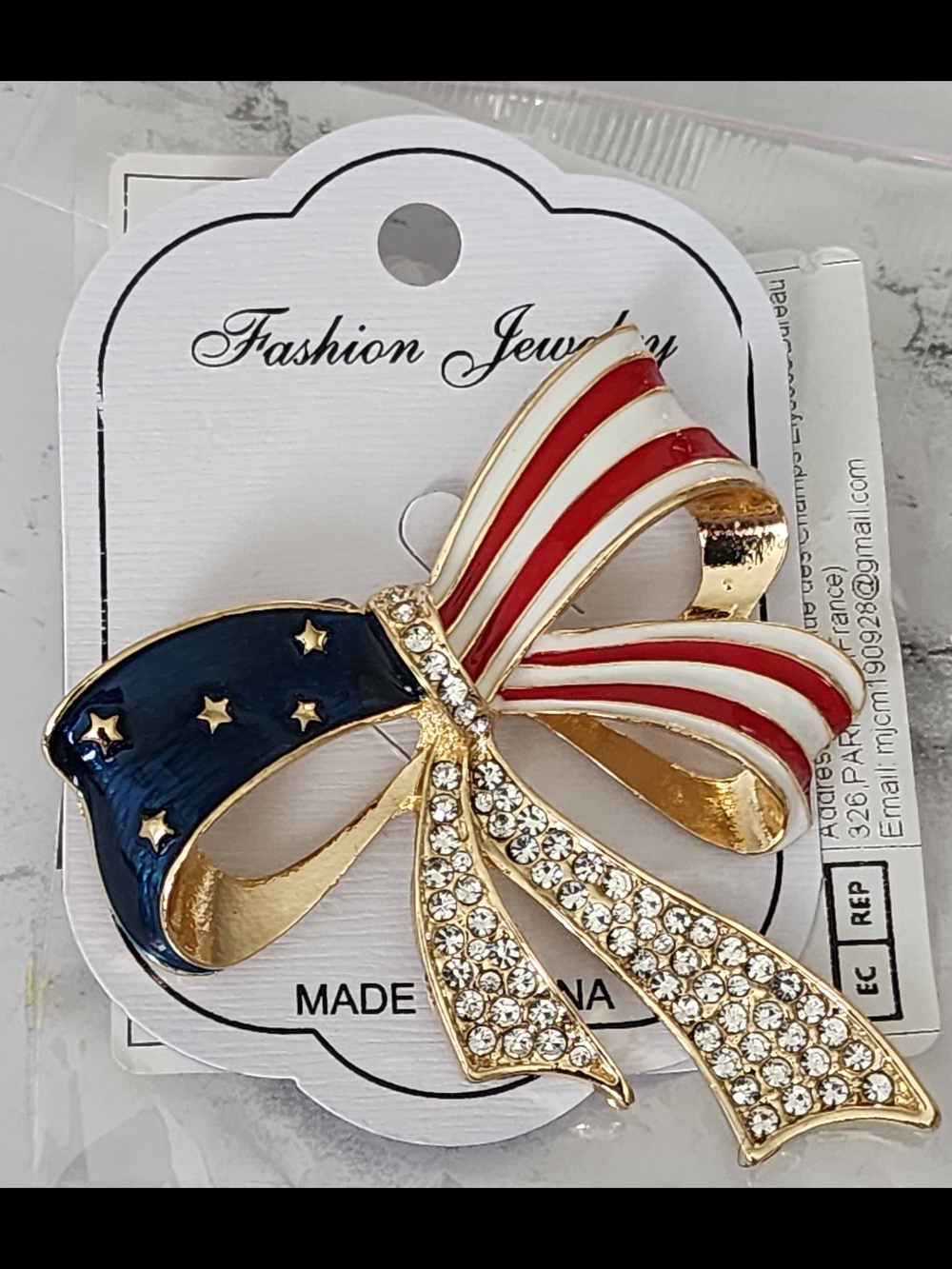 Patriotic Rhinestone Bow Brooch - Red, White & Blue